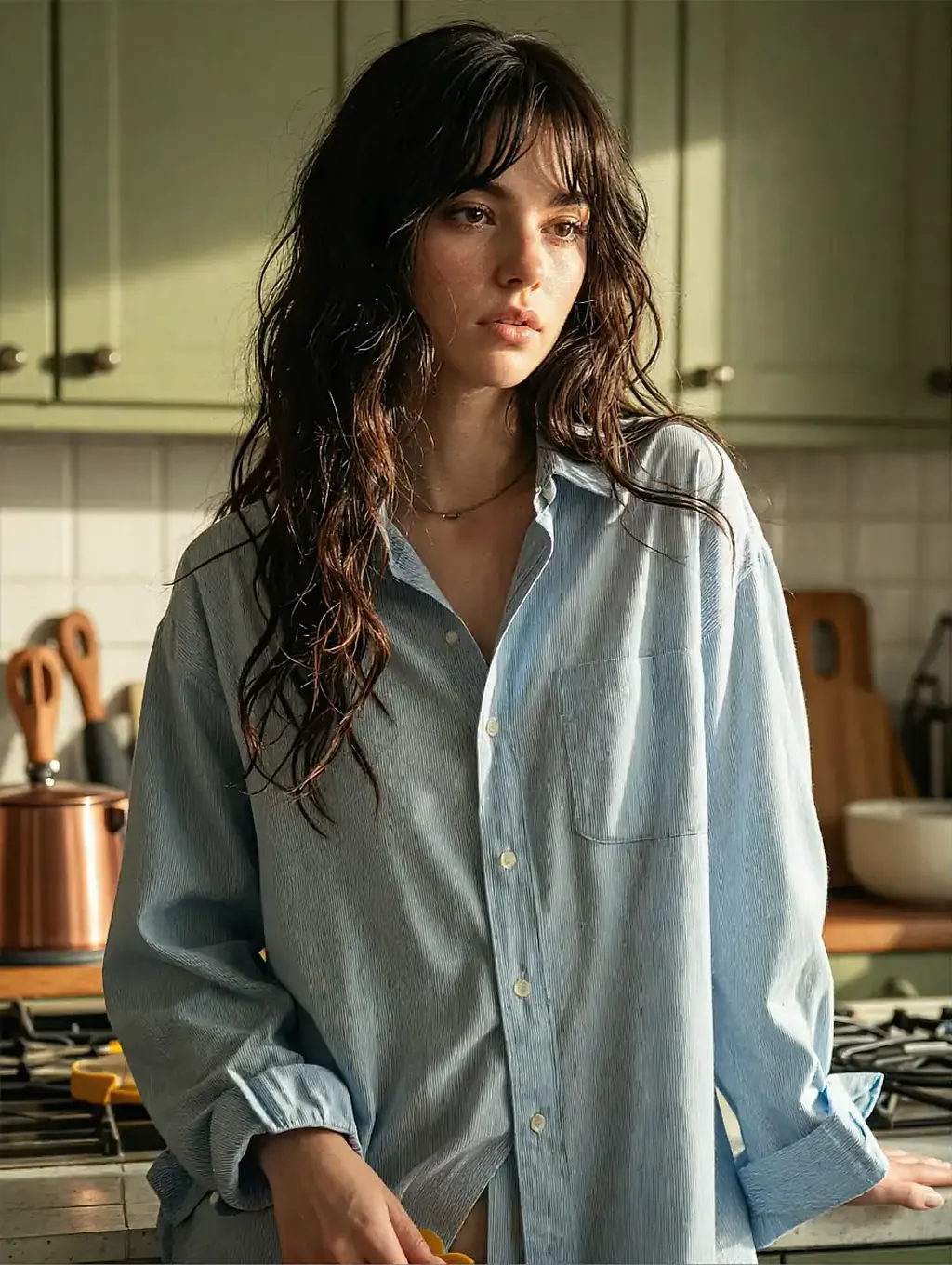 Fictional AI character in an oversized shirt in a kitchen, copper pans on the wall behind her