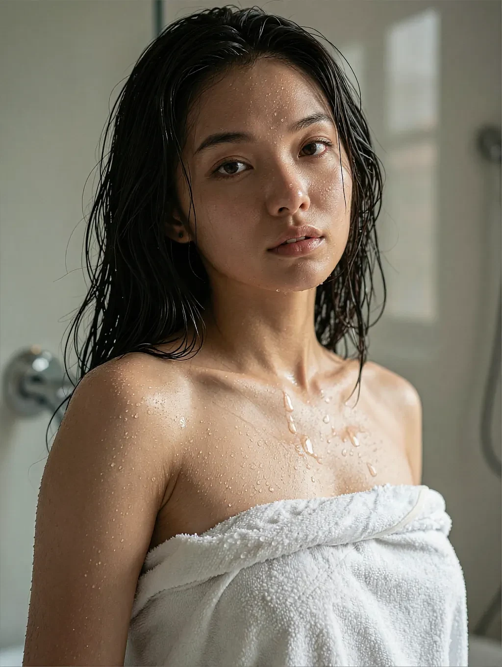 Fictional AI character wrapped in a white towel with wet hair against a plain wall