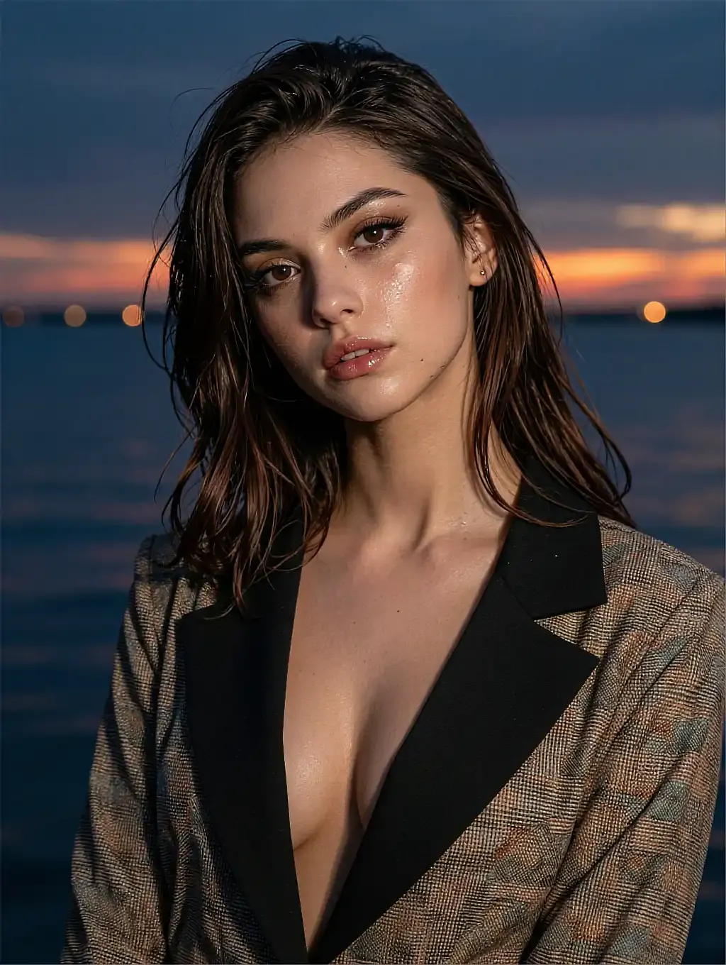 Fictional AI character in a checked blazer by the sea at dusk