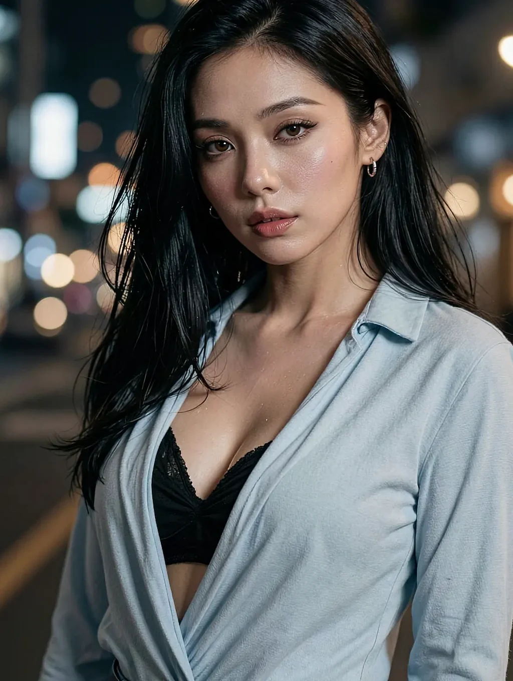 Fictional AI character in an open white shirt on a street at night, lights blurred behind her