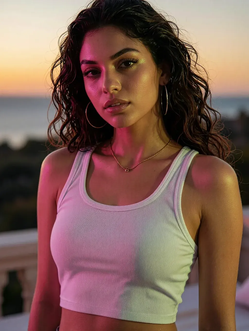 Fictional AI character in a cropped tank at sunset, hoop earrings and curly hair